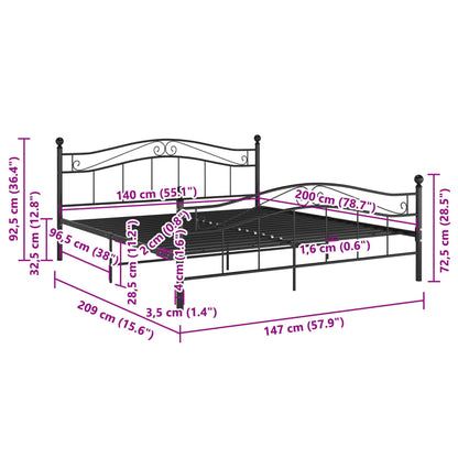 vidaXL Bed Frame | Black | Powder-coated metal | 140x200 cm Mattress Size