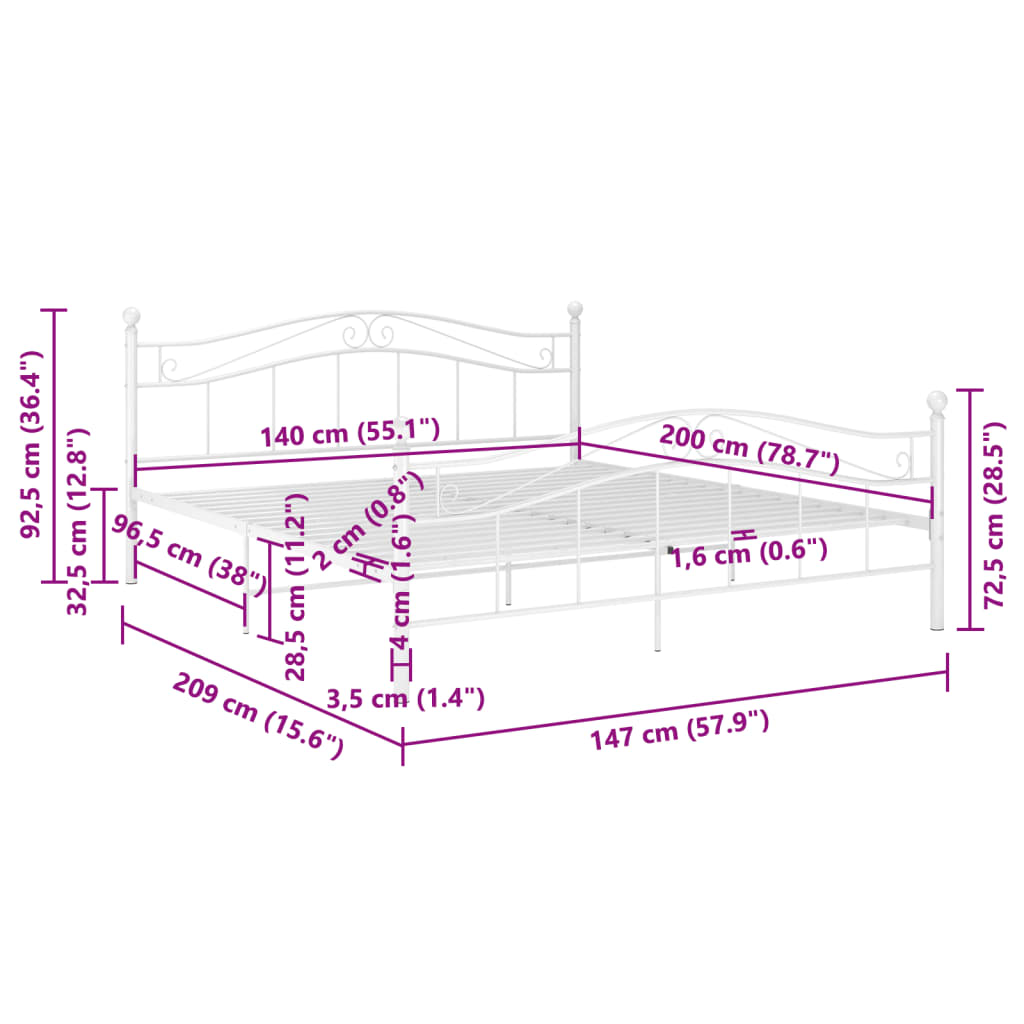 vidaXL Bed Frame without Mattress White Metal 140x200 cm