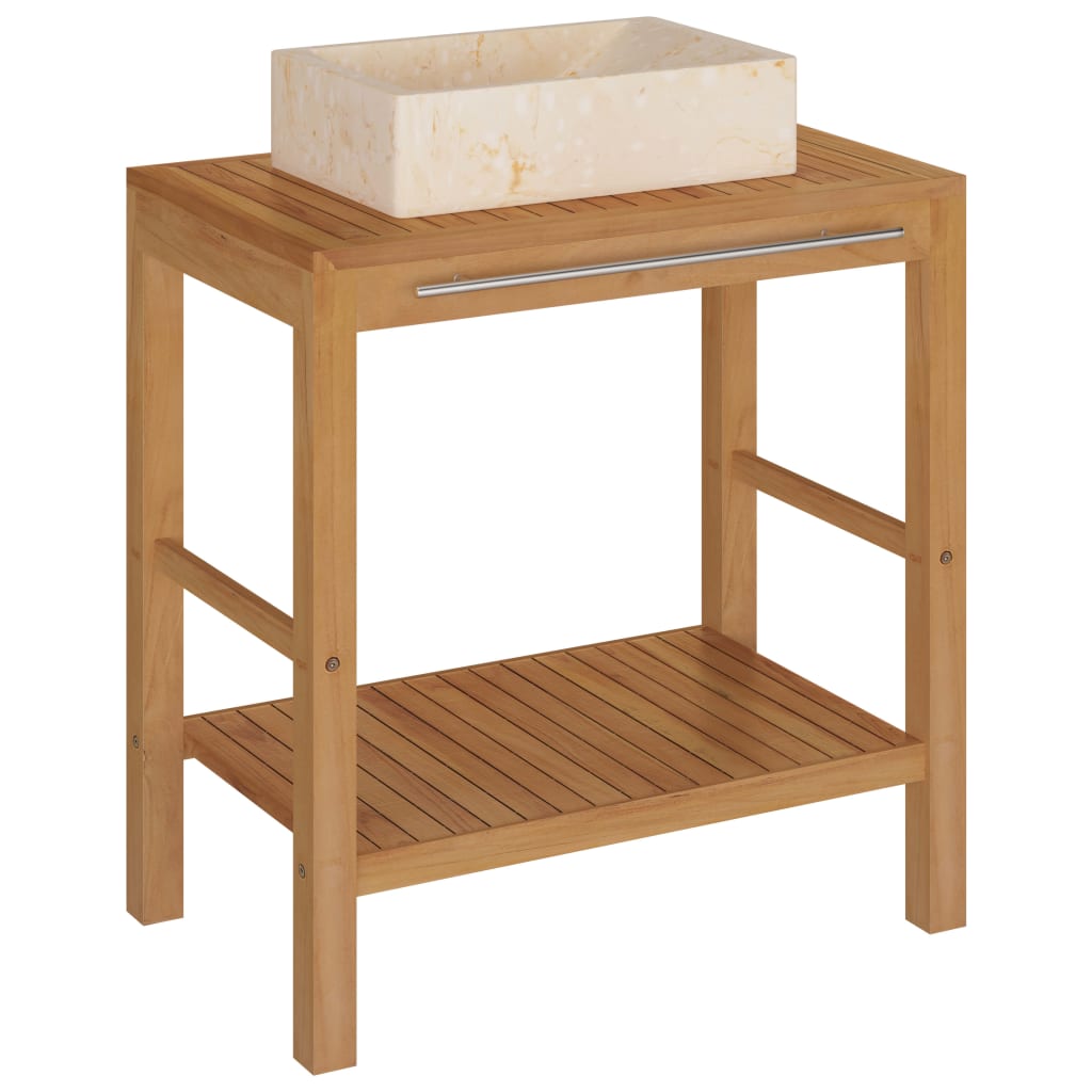 vidaXL Bathroom Vanity Cabinet Solid Teak with Sink Marble Cream