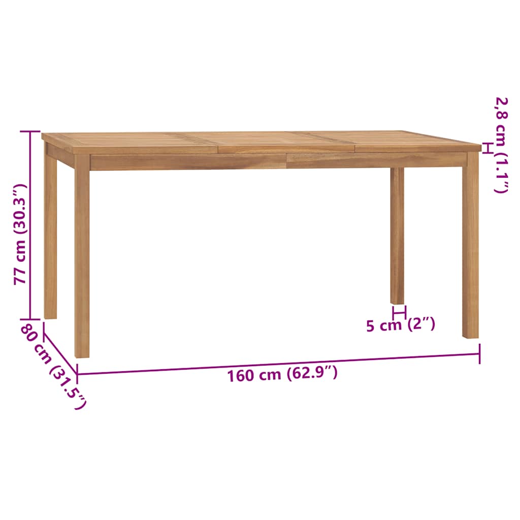 vidaXL Garden Dining Table 160x80x77 cm Solid Teak Wood
