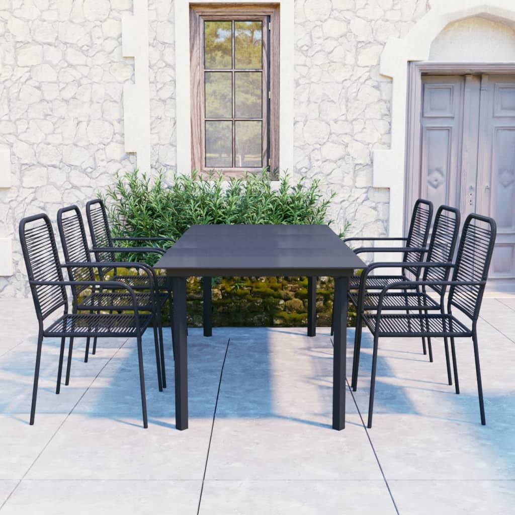vidaXL Garden Dining Set | Black | Powder-coated steel, glass, cotton rope