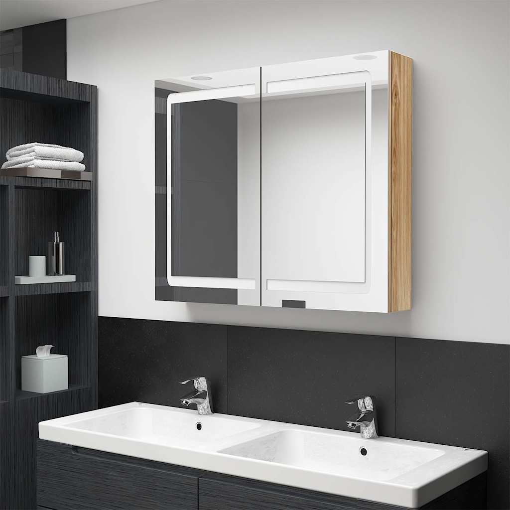 326515 vidaXL LED Bathroom Mirror Cabinet Oak 80x12x68 cm