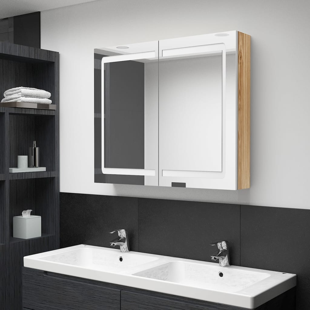 vidaXL Bathroom Cabinet | White and oak | MDF board with melamine finish, glass