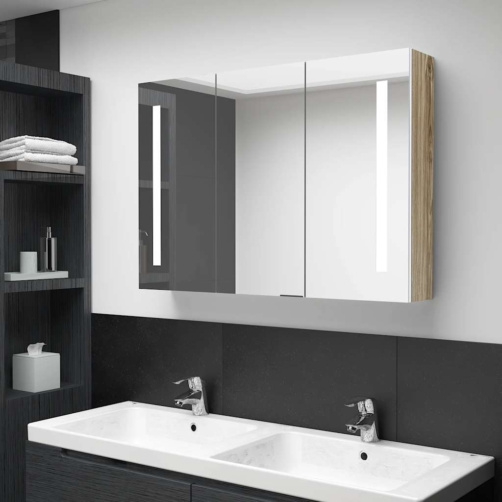 vidaXL LED Bathroom Mirror Cabinet 89x14x62 cm White and Oak