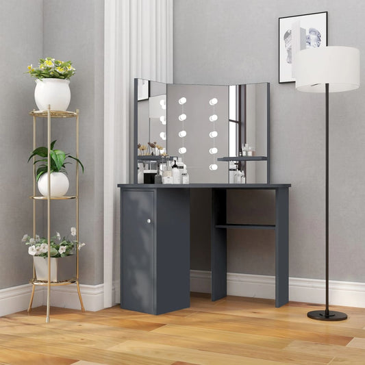 vidaXL Corner Dressing Table with LED Grey 111x54x141.5 cm