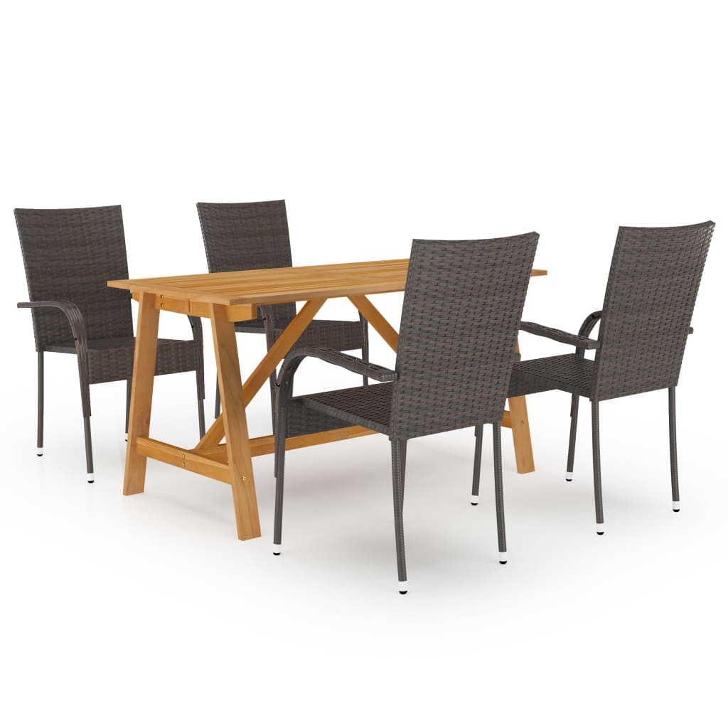 vidaXL Dining Set | Brown | Solid acacia wood, PE rattan, powder-coated steel