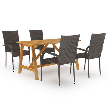 vidaXL Dining Set | Brown | Solid acacia wood, PE rattan, powder-coated steel