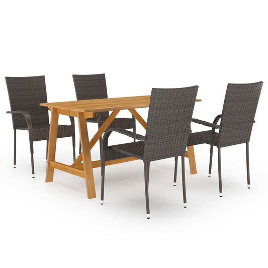 vidaXL Dining Set | Brown | Solid acacia wood, PE rattan, powder-coated steel