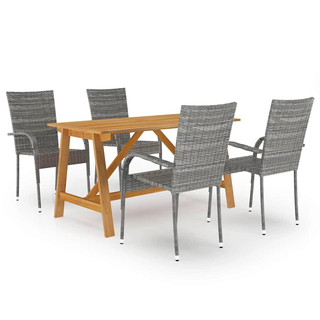 vidaXL Dining Set | Grey | Solid Acacia wood, PE Rattan, Powder-Coated Steel