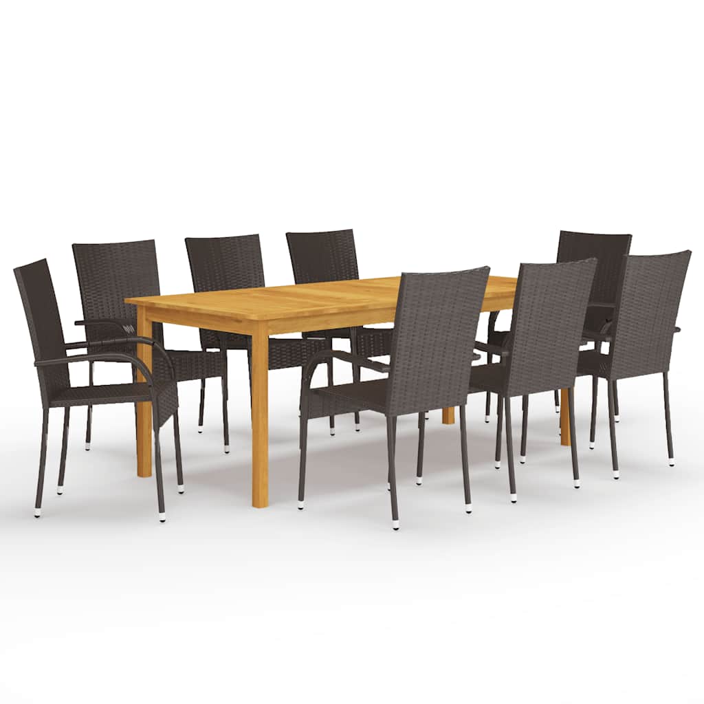 vidaXL Dining Set | Brown | Solid acacia wood, PE rattan, powder-coated steel