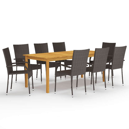 vidaXL Dining Set | Brown | Solid acacia wood, PE rattan, powder-coated steel