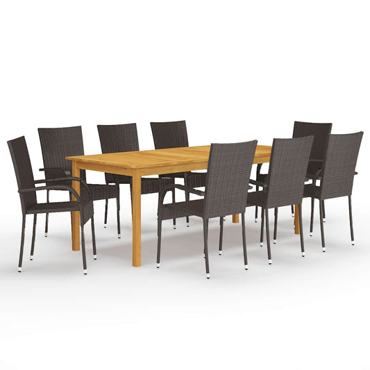 vidaXL Dining Set | Brown | Solid acacia wood, PE rattan, powder-coated steel