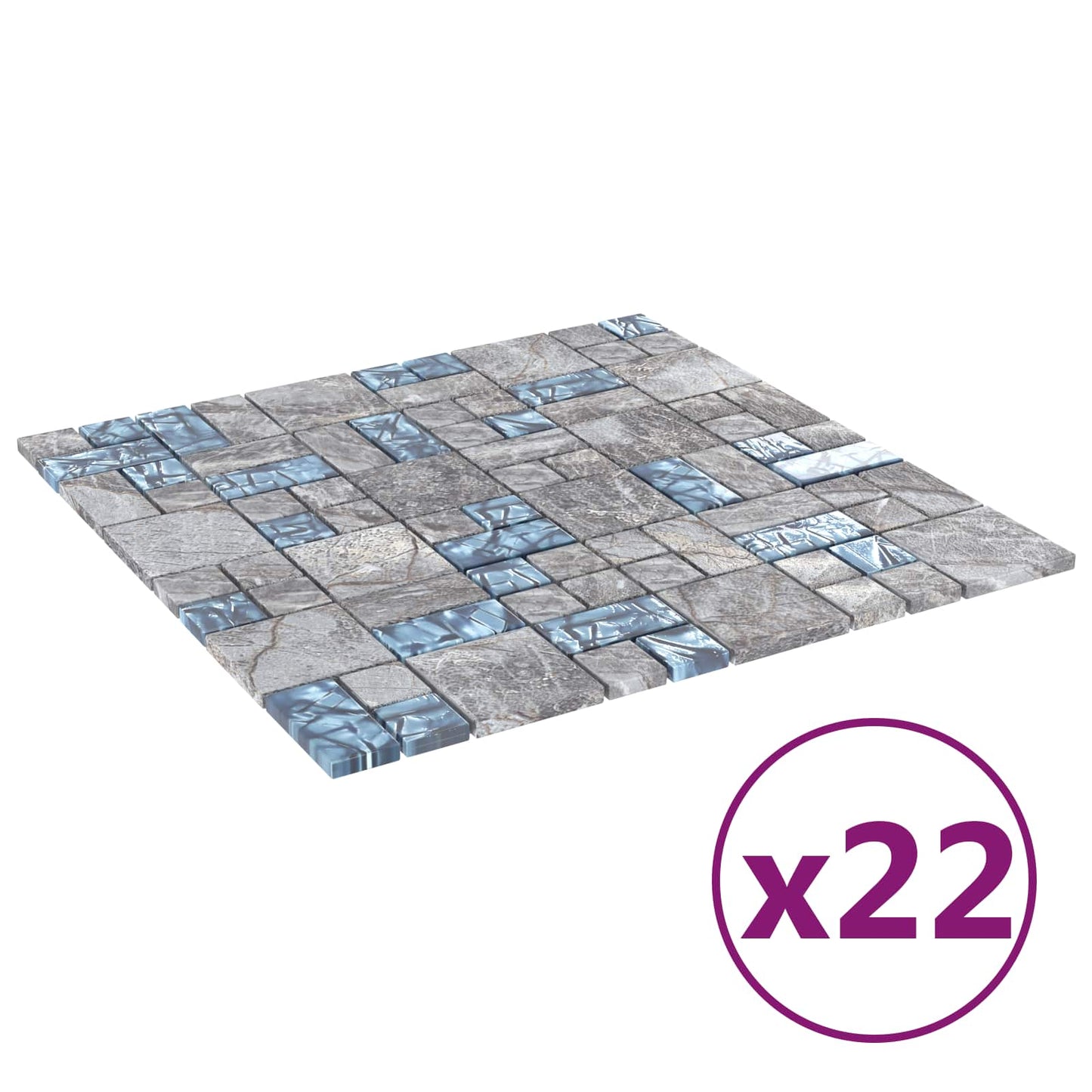 vidaXL Mosaic Tile 22 pcs Grey and Blue 50 x 50 cm Glass