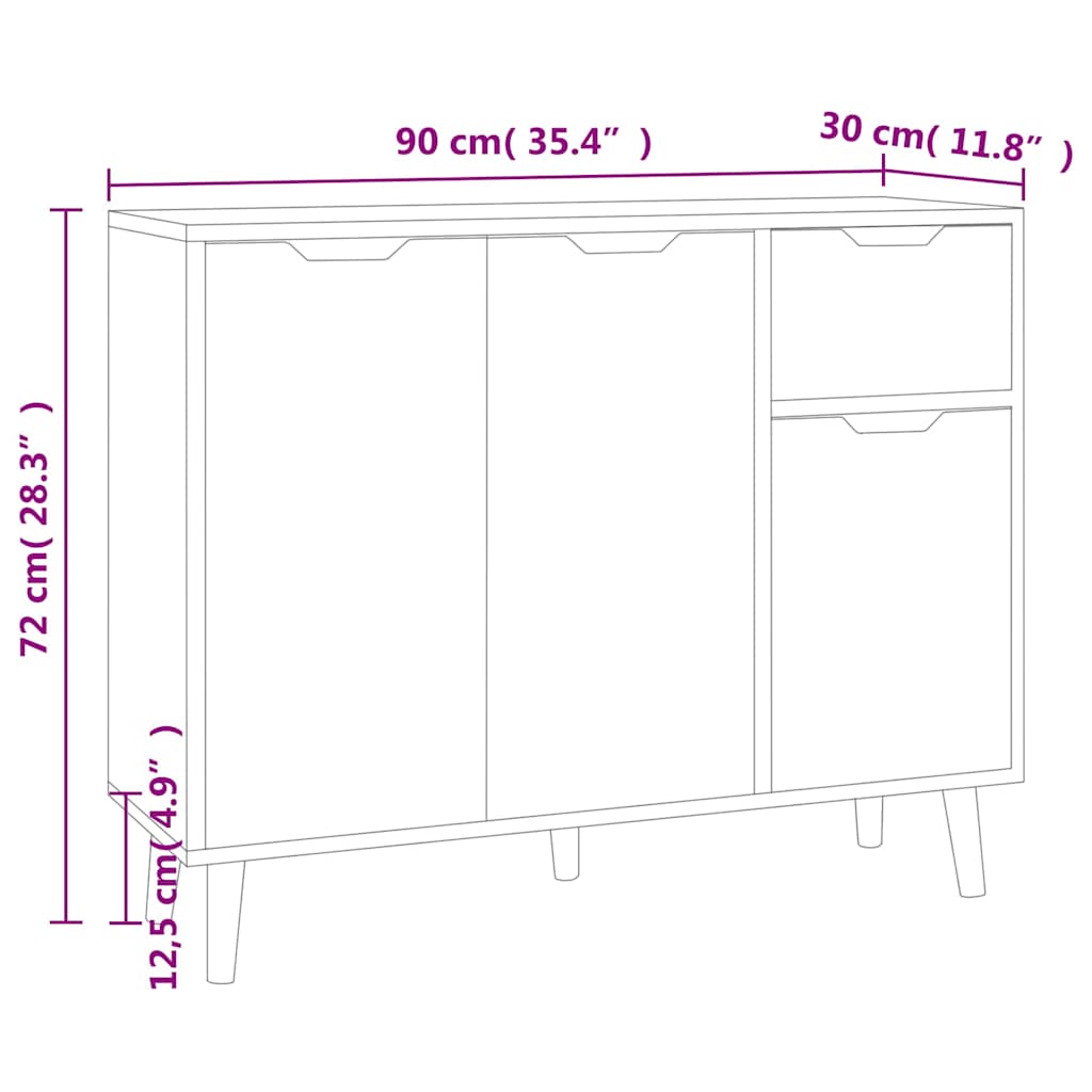 326819 vidaXL Sideboard High Gloss White 90x30x72 cm Engineered Wood
