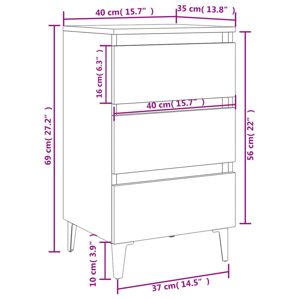 vidaXL Bed Cabinet with Metal Legs Sonoma Oak 40x35x69 cm