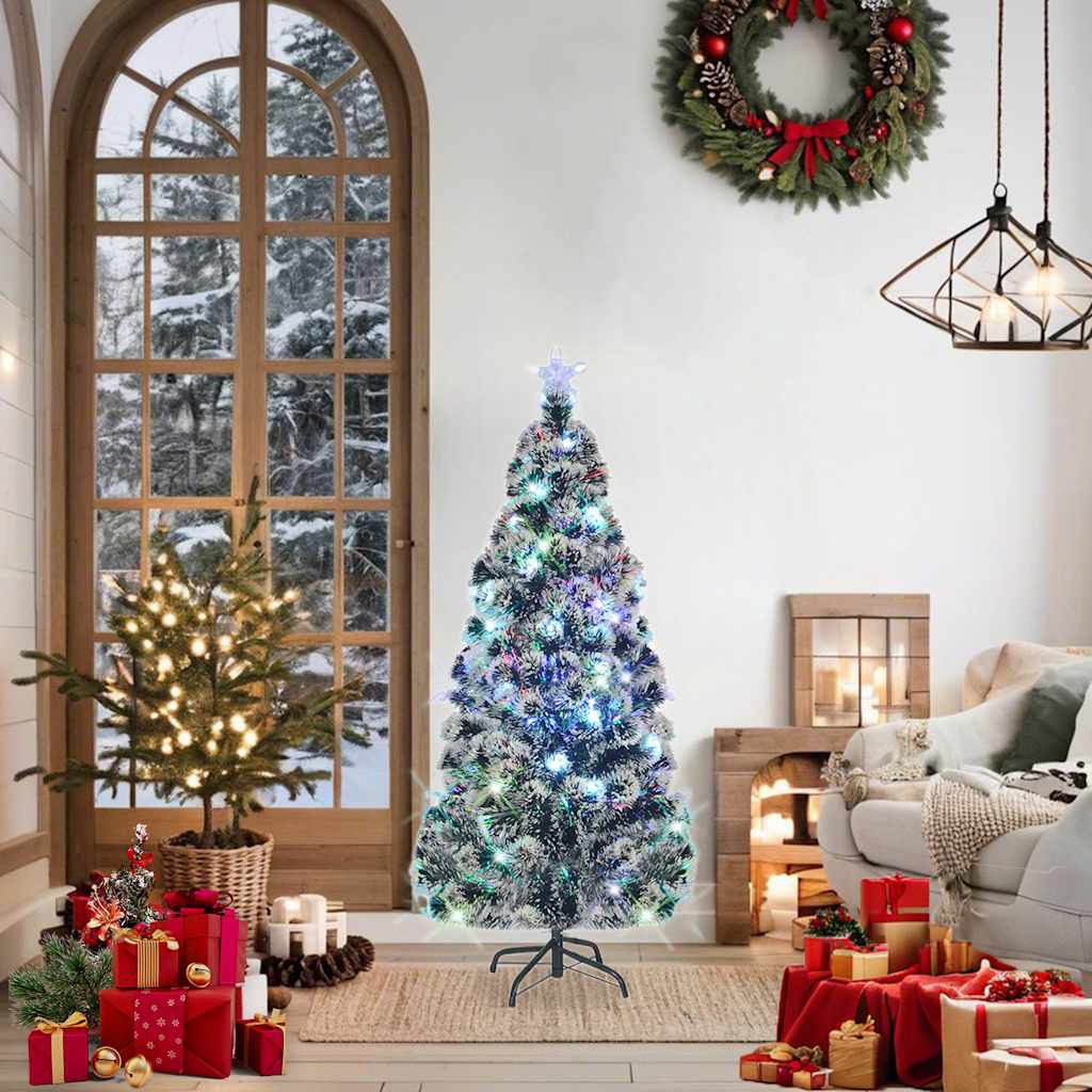 vidaXL Pre-lit Christmas Tree Green and White 150 cm Fibre Optic