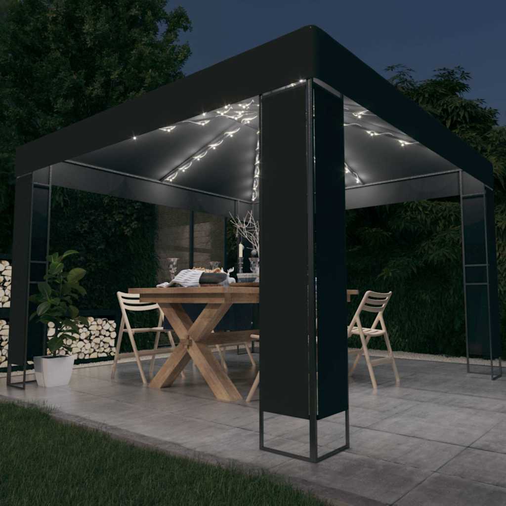 vidaXL Gazebo with Double Roof&LED String Lights 3x3 m Anthracite
