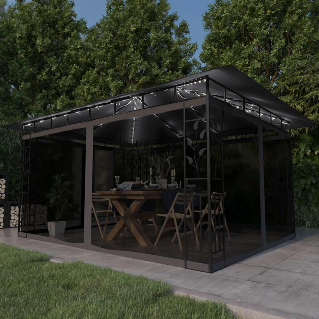 vidaXL Gazebo with Mosquito Net&LED String Lights 4x3x2,73m Anthracite