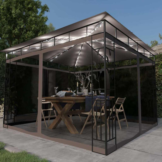 vidaXL Gazebo with Mosquito Net&LED String Lights 3x3x2,73 m Taupe