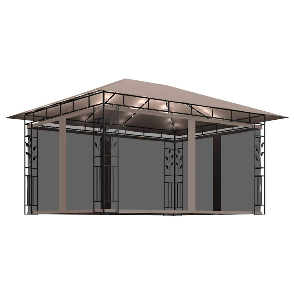 vidaXL Gazebo with Mosquito Net&LED String Lights 4x3x2,73 m Taupe