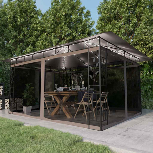 vidaXL Gazebo with Mosquito Net&LED String Lights 4x3x2,73 m Taupe