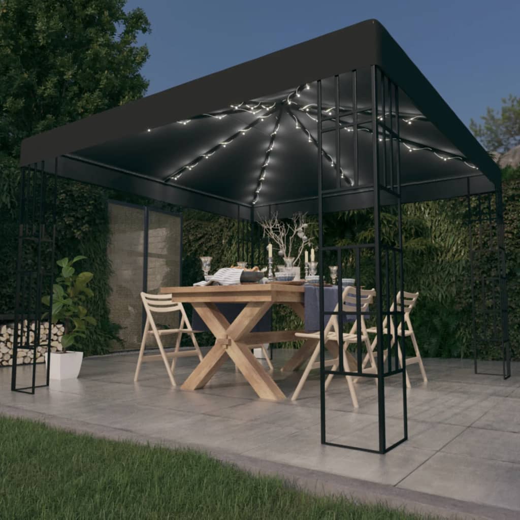 3070322 vidaXL Gazebo with LED String Lights 3x3 m Anthracite (47984+315536)