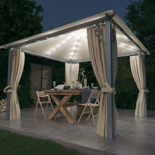 3070332 vidaXL Gazebo with Curtain&LED String Lights 3x3 m Cream Aluminium (48042+315536)