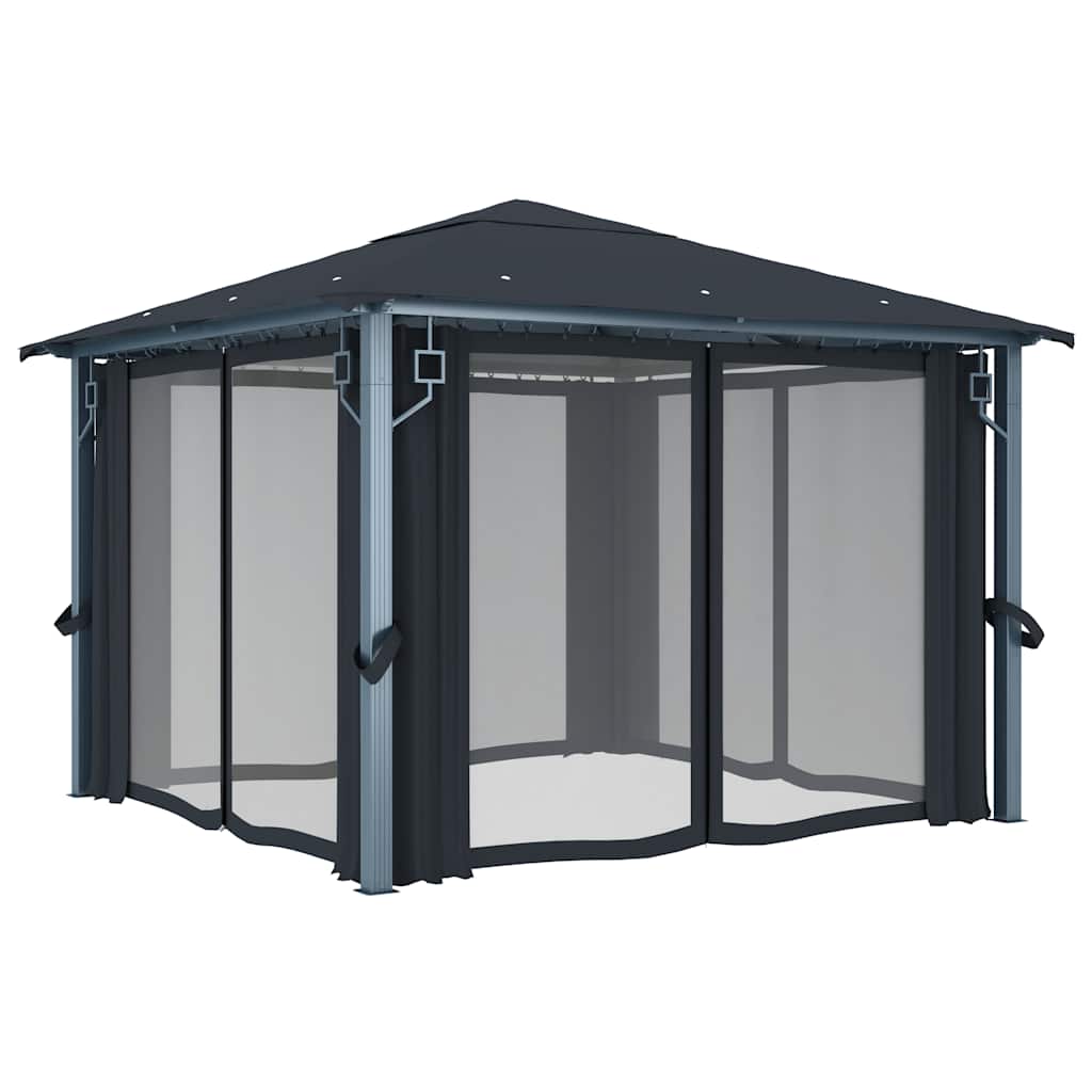 vidaXL Gazebo with Curtain&LED String Lights 3x3m Anthracite Aluminium