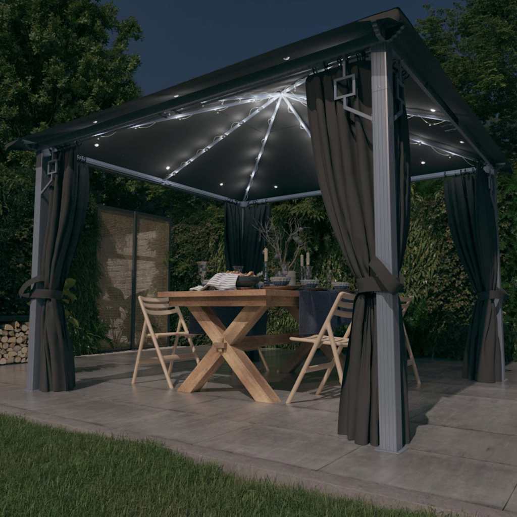 vidaXL Gazebo with Curtain&LED String Lights 3x3m Anthracite Aluminium