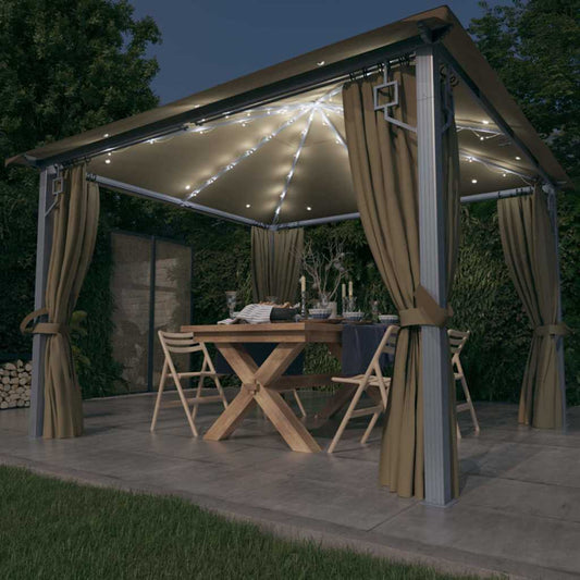 vidaXL Gazebo with Curtain&LED String Lights 3x3 m Taupe Aluminium
