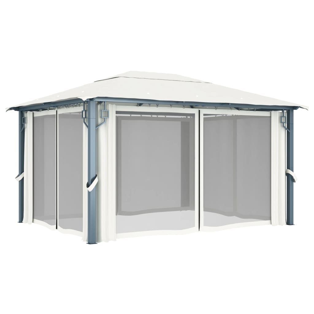 3070335 vidaXL Gazebo with Curtain&LED String Lights 4x3 m Cream Aluminium (48044+315536)