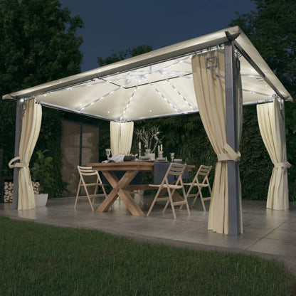 3070335 vidaXL Gazebo with Curtain&LED String Lights 4x3 m Cream Aluminium (48044+315536)