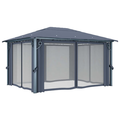 3070336 vidaXL Gazebo with Curtain&LED String Lights 4x3 m Anthracite Aluminium (48045+315536)