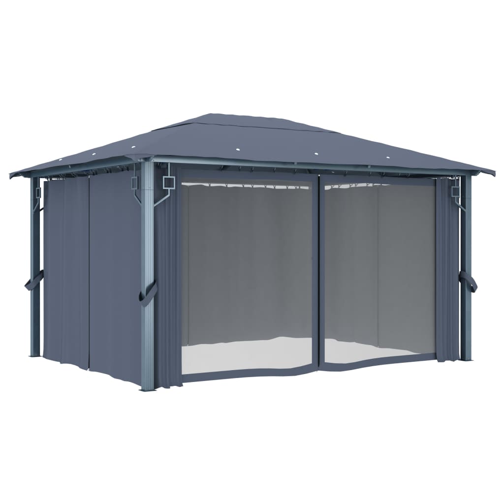 3070336 vidaXL Gazebo with Curtain&LED String Lights 4x3 m Anthracite Aluminium (48045+315536)