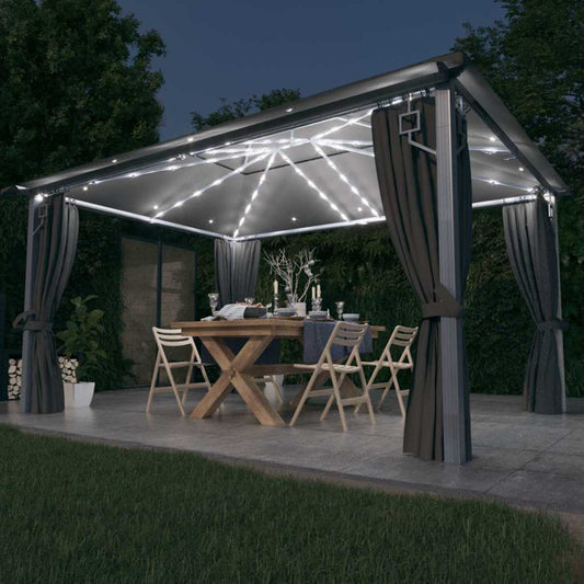 vidaXL Gazebo with Curtain&LED String Lights 4x3m Anthracite Aluminium