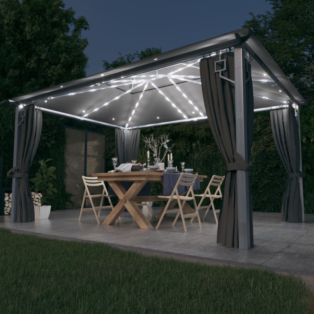 3070336 vidaXL Gazebo with Curtain&LED String Lights 4x3 m Anthracite Aluminium (48045+315536)