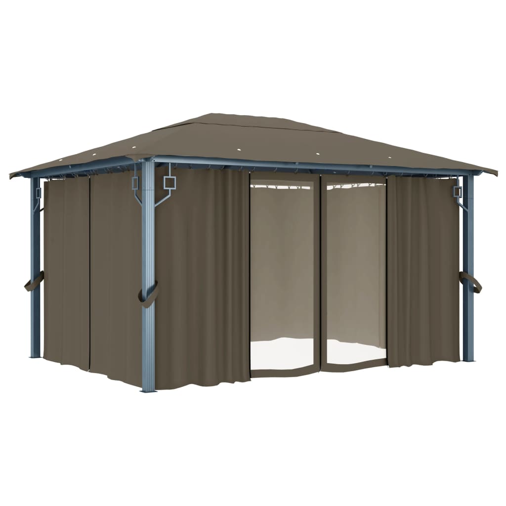 3070337 vidaXL Gazebo with Curtain&LED String Lights 4x3 m Taupe Aluminium (313894+315536)