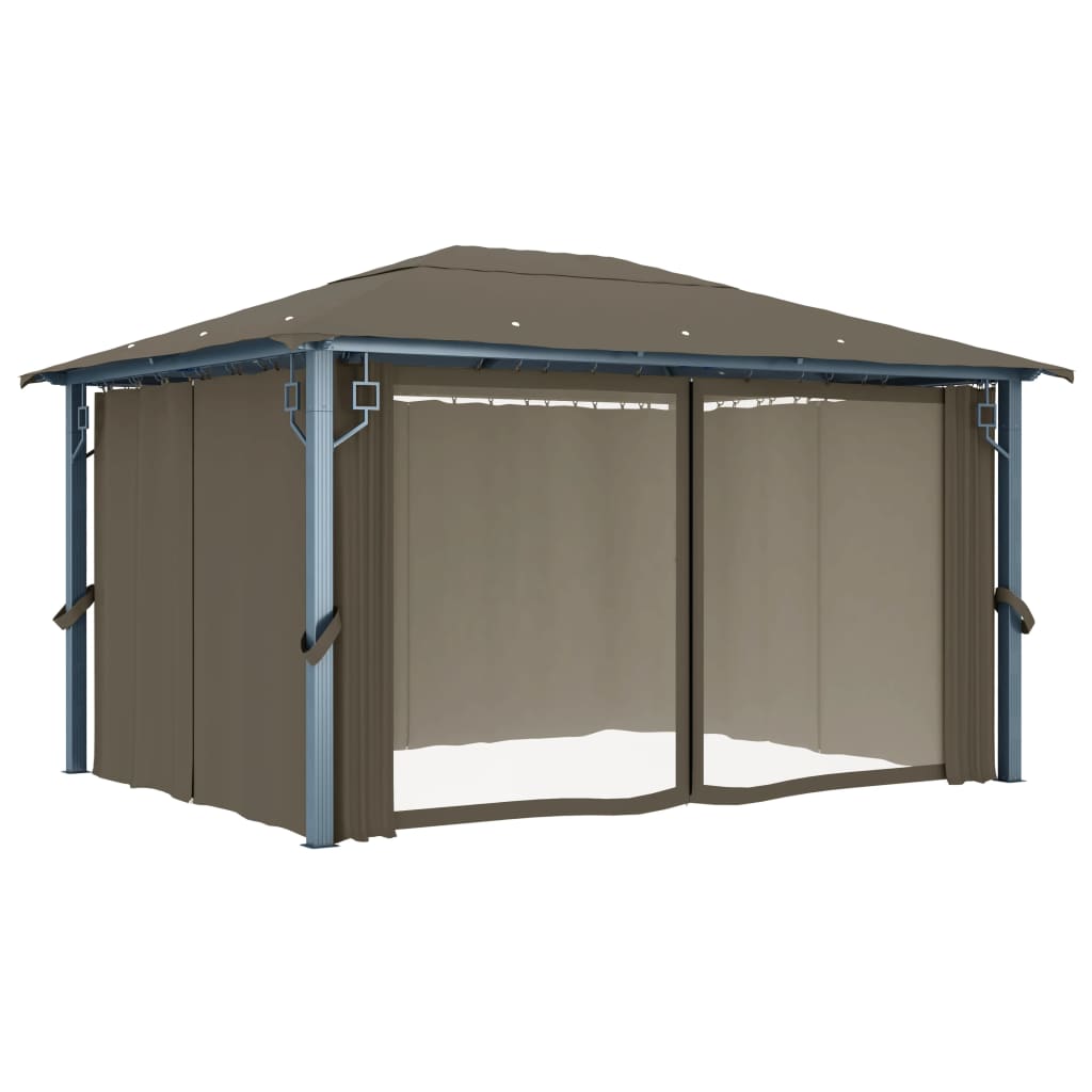 3070337 vidaXL Gazebo with Curtain&LED String Lights 4x3 m Taupe Aluminium (313894+315536)