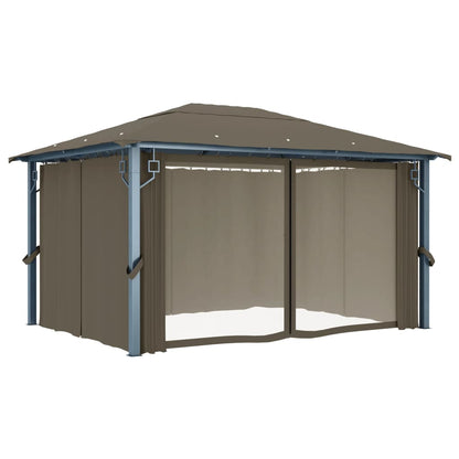3070337 vidaXL Gazebo with Curtain&LED String Lights 4x3 m Taupe Aluminium (313894+315536)