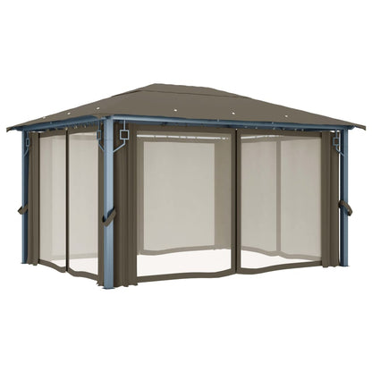 3070337 vidaXL Gazebo with Curtain&LED String Lights 4x3 m Taupe Aluminium (313894+315536)