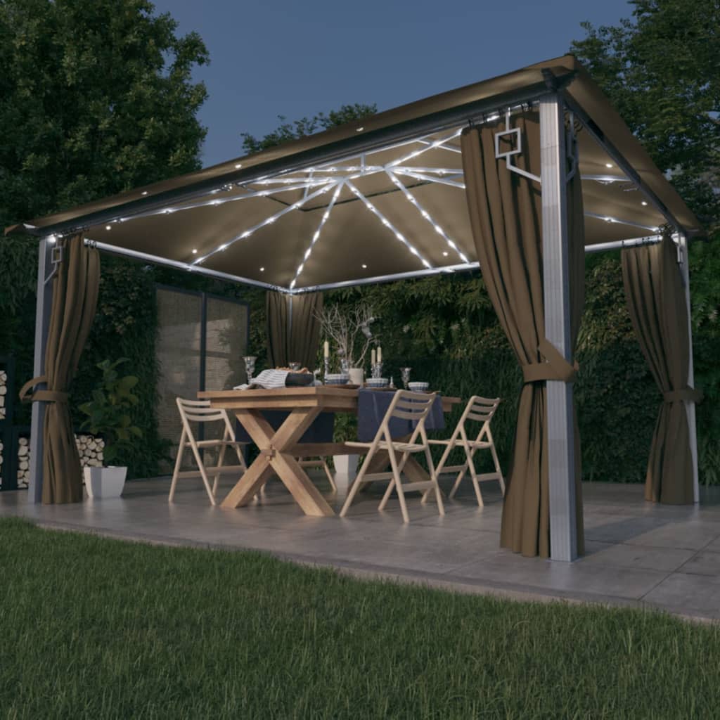 3070337 vidaXL Gazebo with Curtain&LED String Lights 4x3 m Taupe Aluminium (313894+315536)