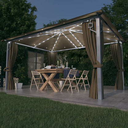 3070337 vidaXL Gazebo with Curtain&LED String Lights 4x3 m Taupe Aluminium (313894+315536)