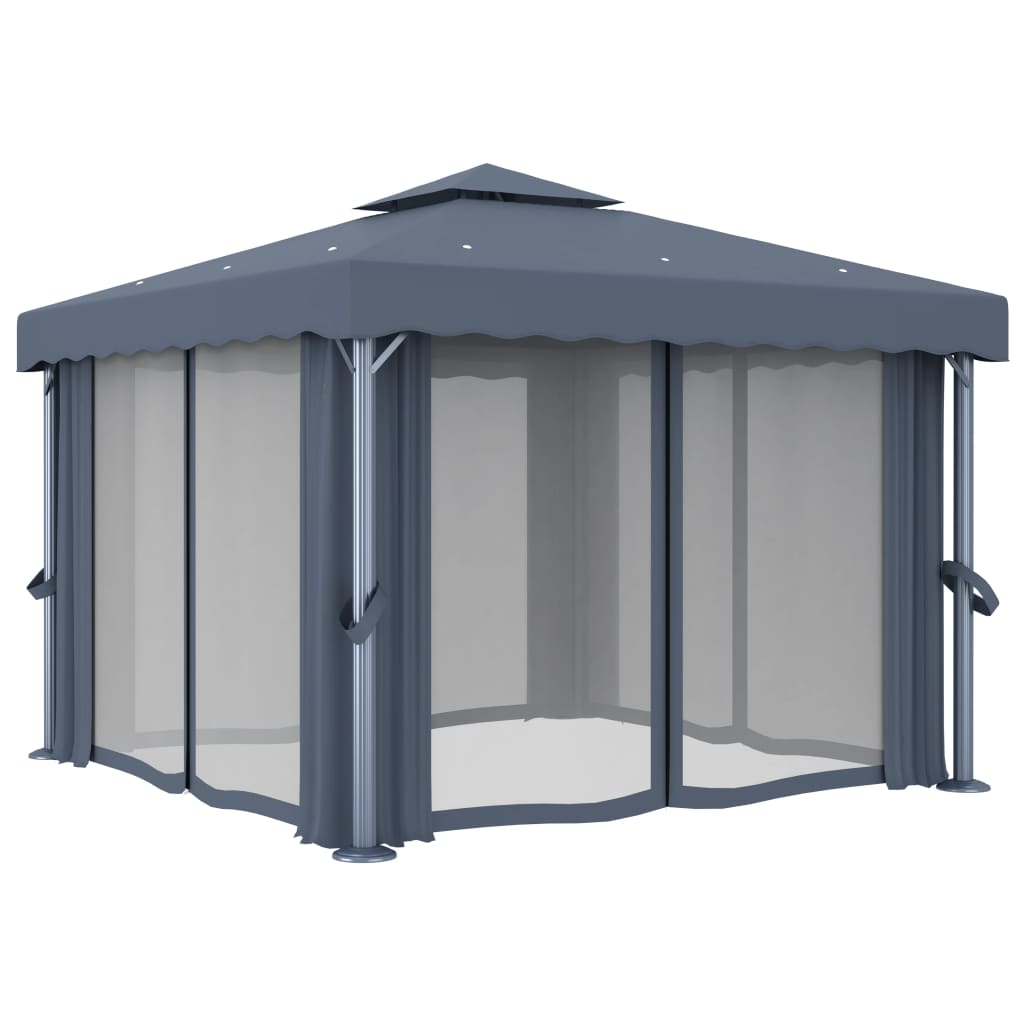 vidaXL Gazebo with Curtain&LED String Lights 3x3 m Anthracite