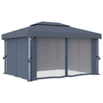 vidaXL Gazebo with Curtain&LED String Lights 4x3 m Anthracite