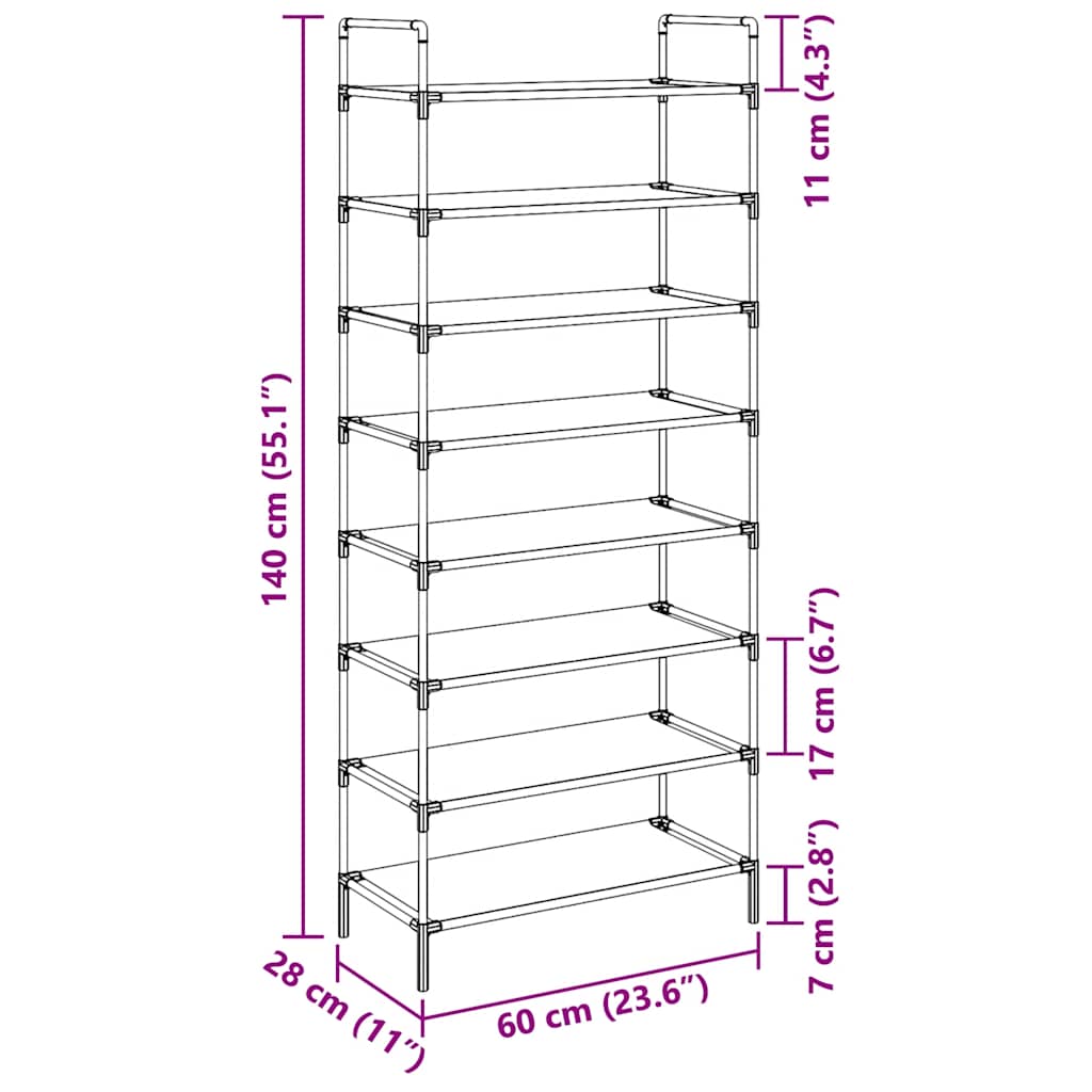 vidaXL Shoe Rack with 8 Shelves Metal and Non-woven Fabric Silver
