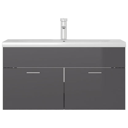 vidaXL Sink Cabinet with Built-in Basin High Gloss Grey Engineered Wood