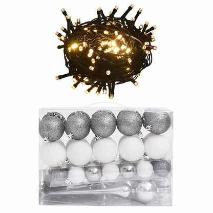 330099 vidaXL 60 Piece Christmas Ball Set with Peak and 150 LEDs White&Grey
