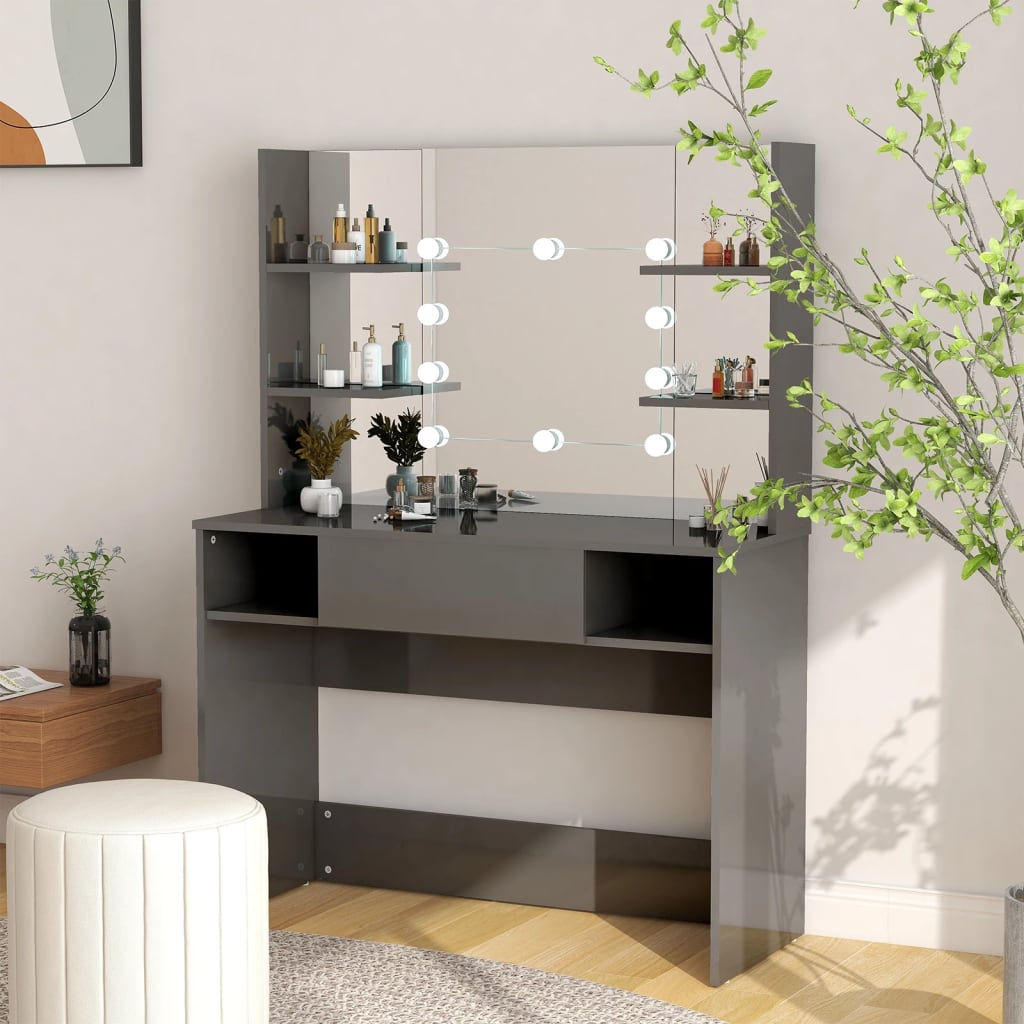 vidaXL Makeup Table with LED Lights 100x40x135 cm MDF Shining Grey