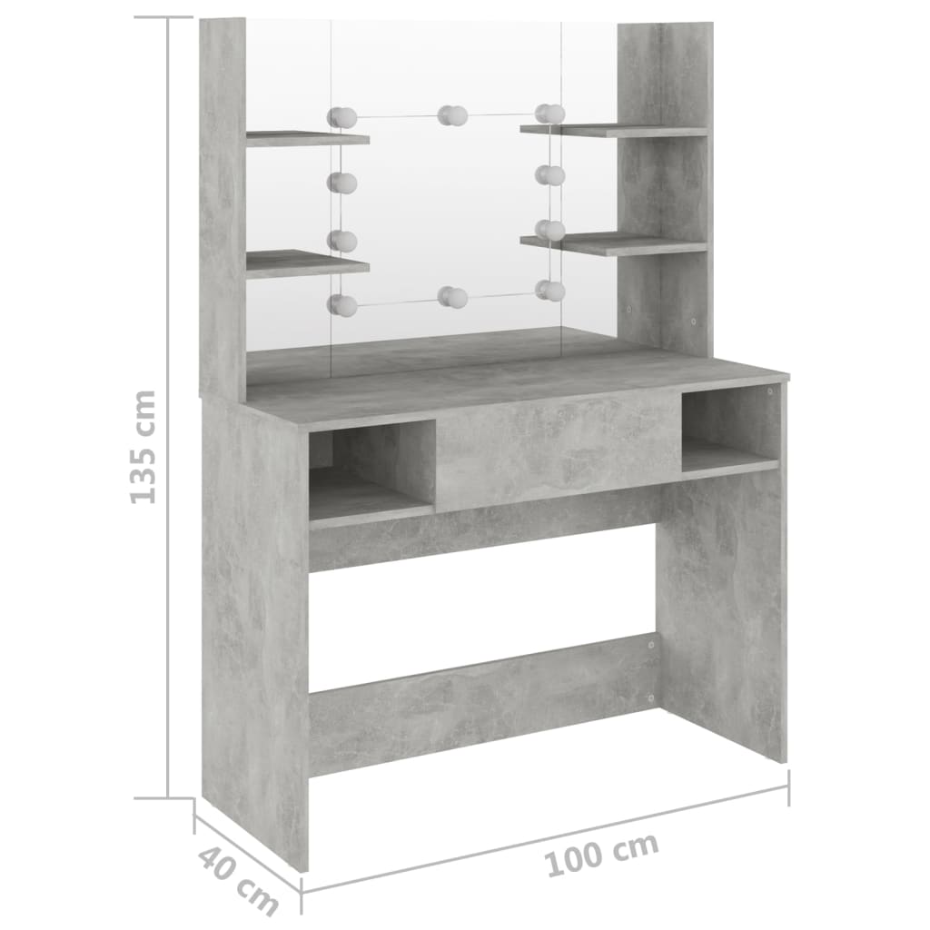 vidaXL Makeup Table with LED Lights 100x40x135 cm MDF Concrete Grey
