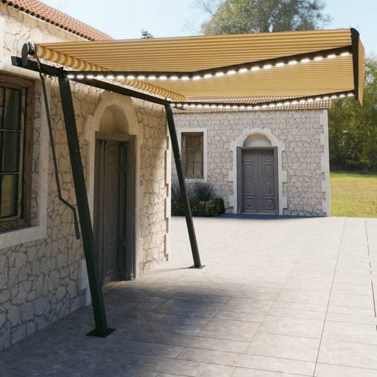 vidaXL Manual Retractable Awning with LED 4.5x3 m Yellow and White